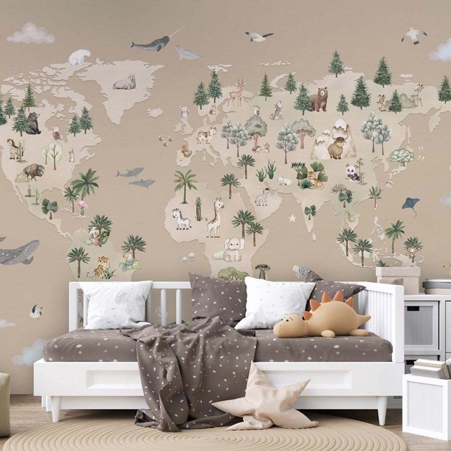 Animal Atlas – Brown wallpaper mural shown in a children's bedroom sofa