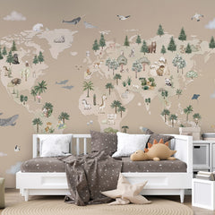 Animal Atlas – Brown wallpaper mural shown in a children's bedroom sofa