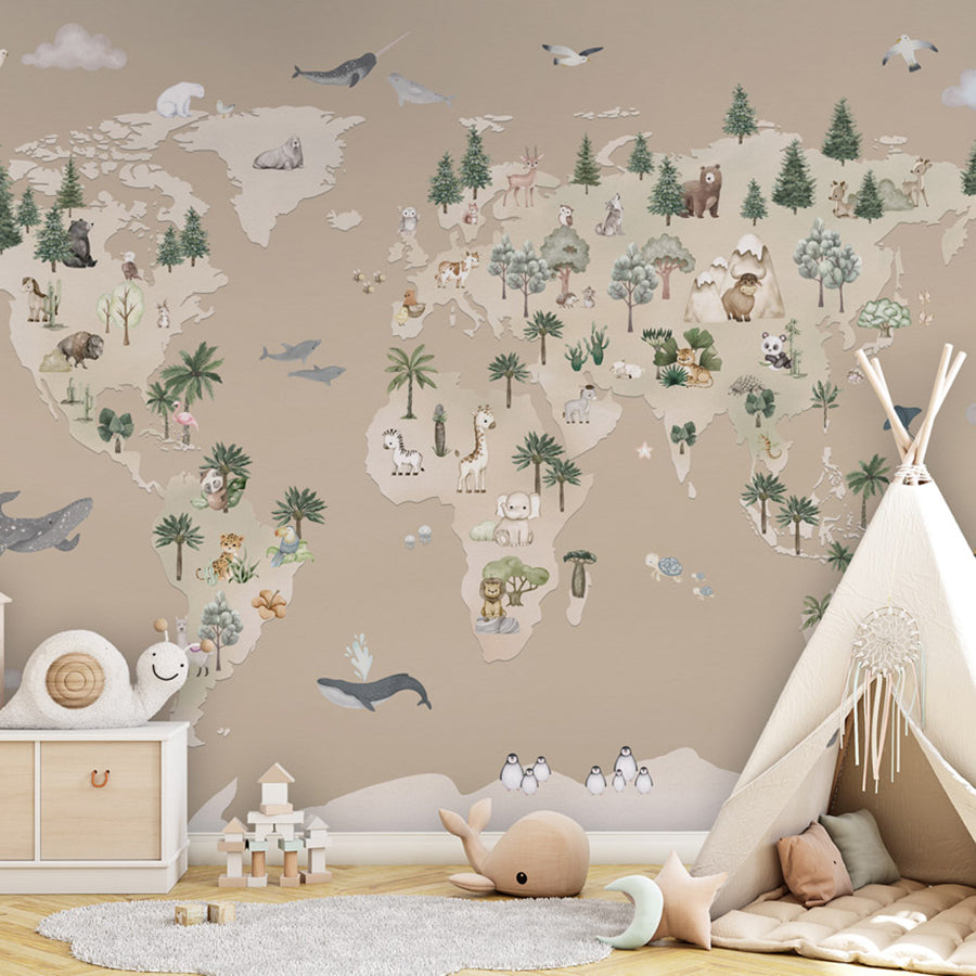 Animal Atlas – Brown wallpaper mural shown in a children's bedroom teepee
