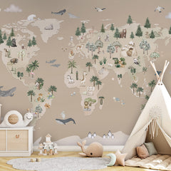 Animal Atlas – Brown wallpaper mural shown in a children's bedroom teepee