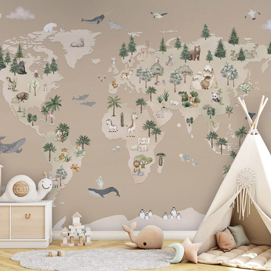 Animal Atlas – Brown wallpaper mural shown in a children's bedroom teepee