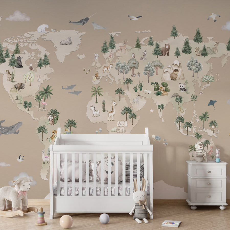 Animal Atlas – Brown wallpaper mural shown in a children's nursery crib