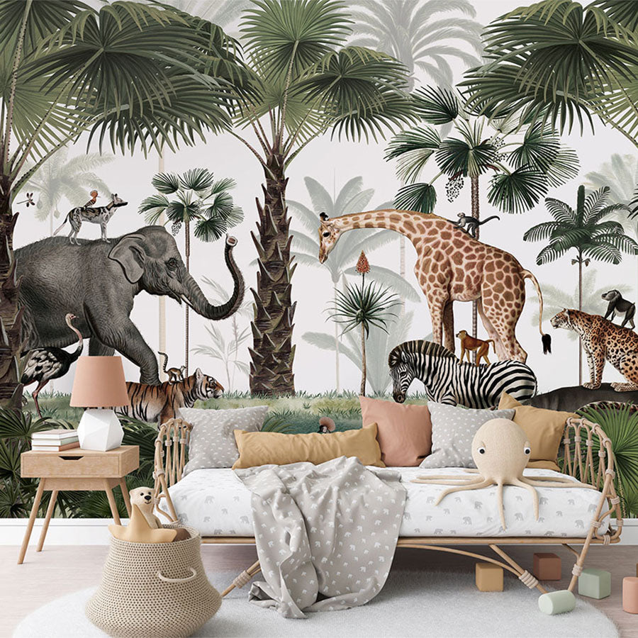 Animal Kingdom wallpaper mural in a children’s playroom couch