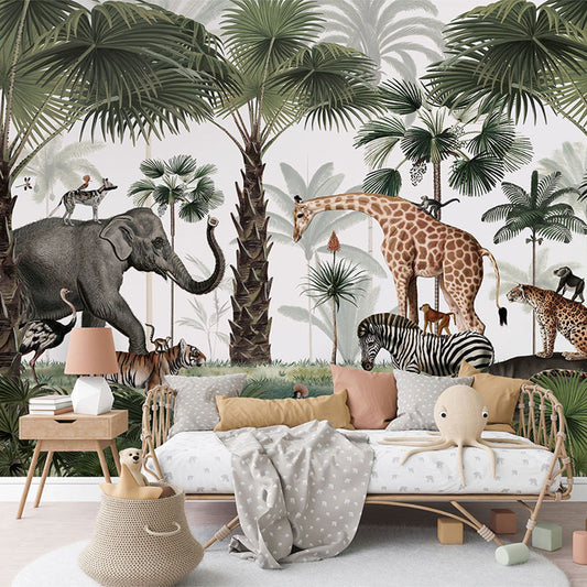 Animal Kingdom wallpaper mural in a children’s playroom couch