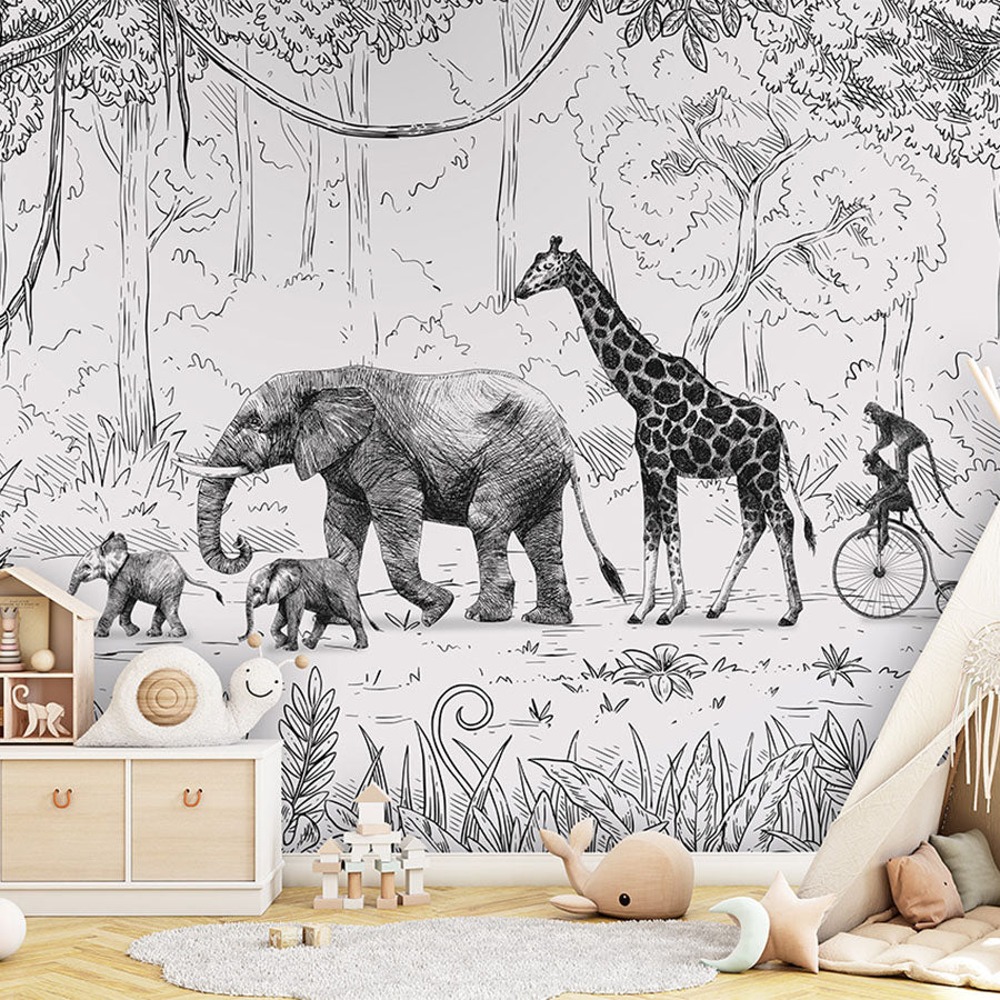 Animal Parade – Black & White wallpaper mural in a children’s playroom tipi