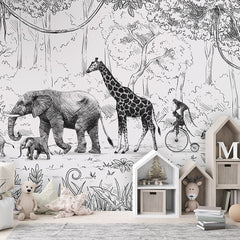 Animal Parade – Black & White wallpaper mural in a children’s playroom