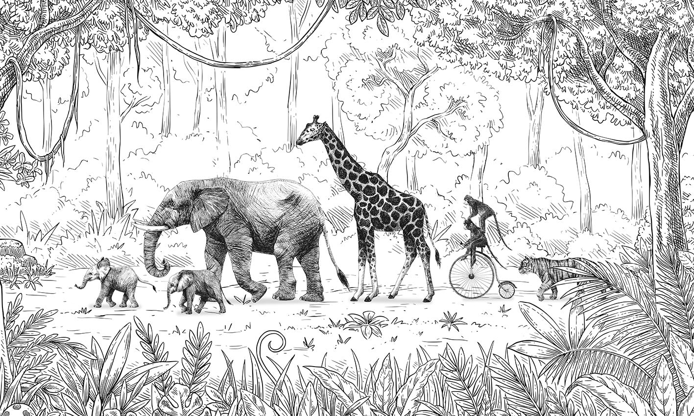 Animal Parade – Black & White wallpaper mural by Kikki Belle