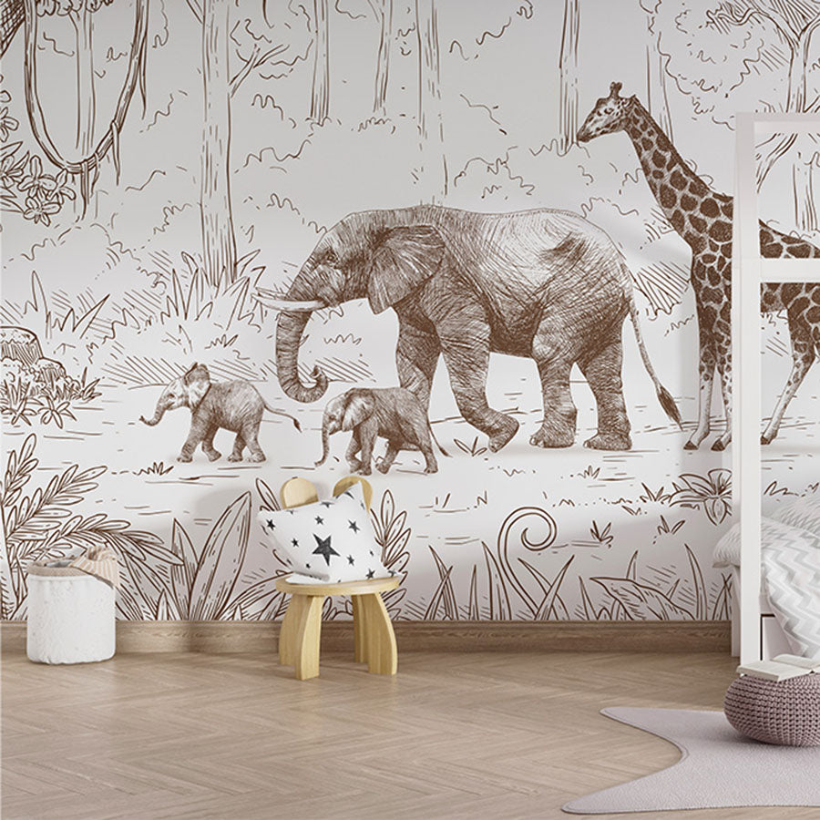 Animal Parade – Brown wallpaper mural in a children’s bedroom