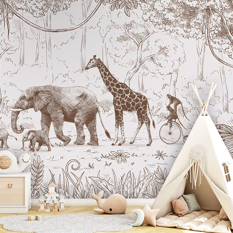 Animal Parade – Brown wallpaper mural in a children’s playroom tipi