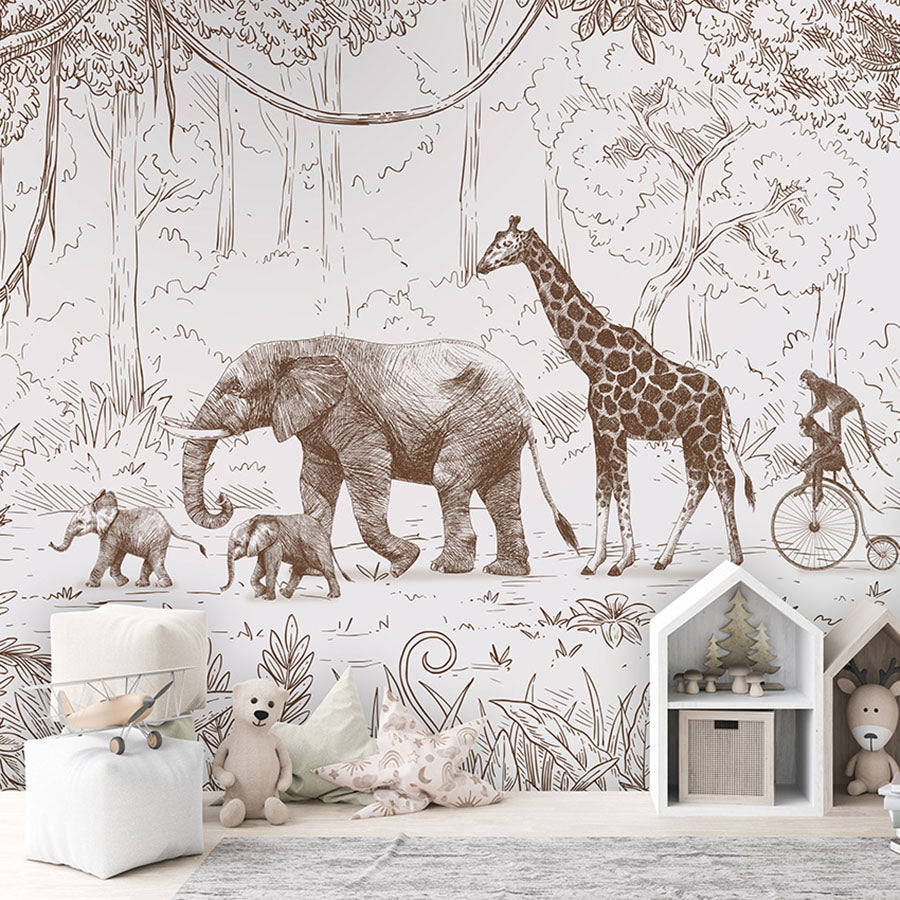 Animal Parade – Brown wallpaper mural in a children’s playroom