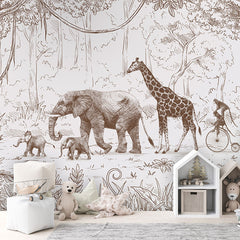 Animal Parade – Brown wallpaper mural in a children’s playroom