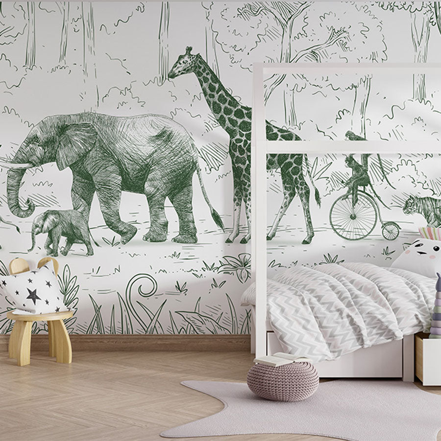 Animal Parade – Green wallpaper mural in a children’s bedroom house bed