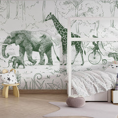 Animal Parade – Green wallpaper mural in a children’s bedroom house bed