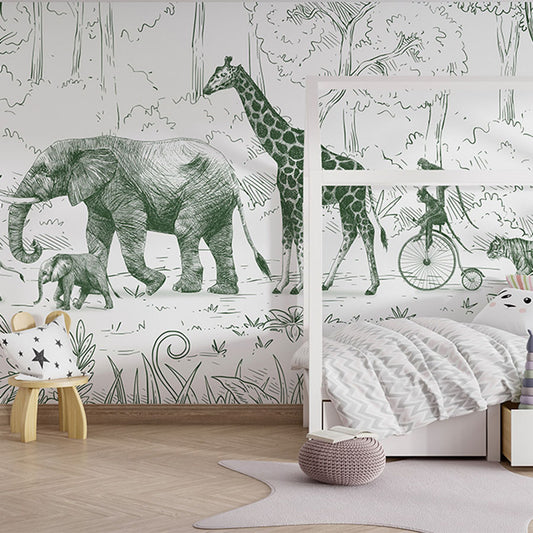 Animal Parade – Green wallpaper mural in a children’s bedroom house bed