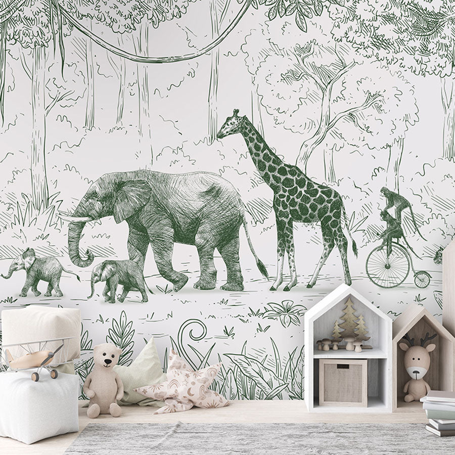 Animal Parade – Green wallpaper mural in a children’s playroom