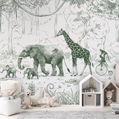 Animal Parade – Green wallpaper mural in a children’s playroom