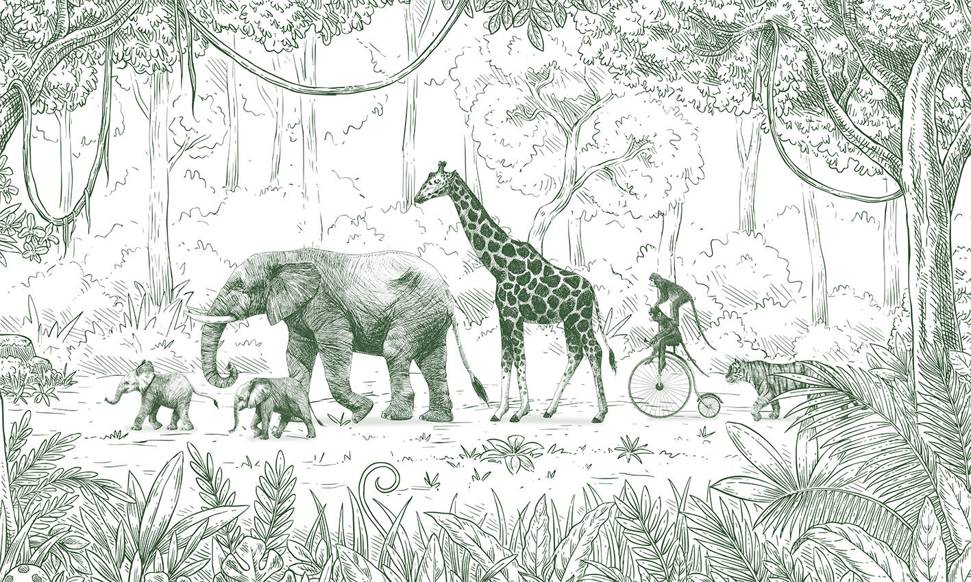 Animal Parade – Green wallpaper mural by Kikki Belle
