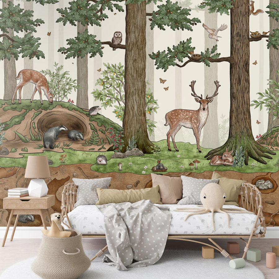 Animals in the Forest wallpaper mural in a children’s bedroom rattan daybed
