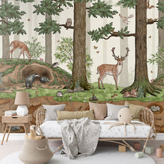 Animals in the Forest wallpaper mural in a children’s bedroom rattan daybed