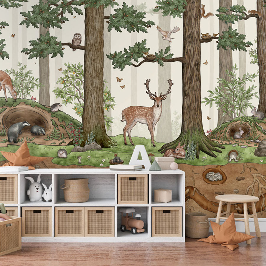 Animals in the Forest wallpaper mural in a children’s playroom storage