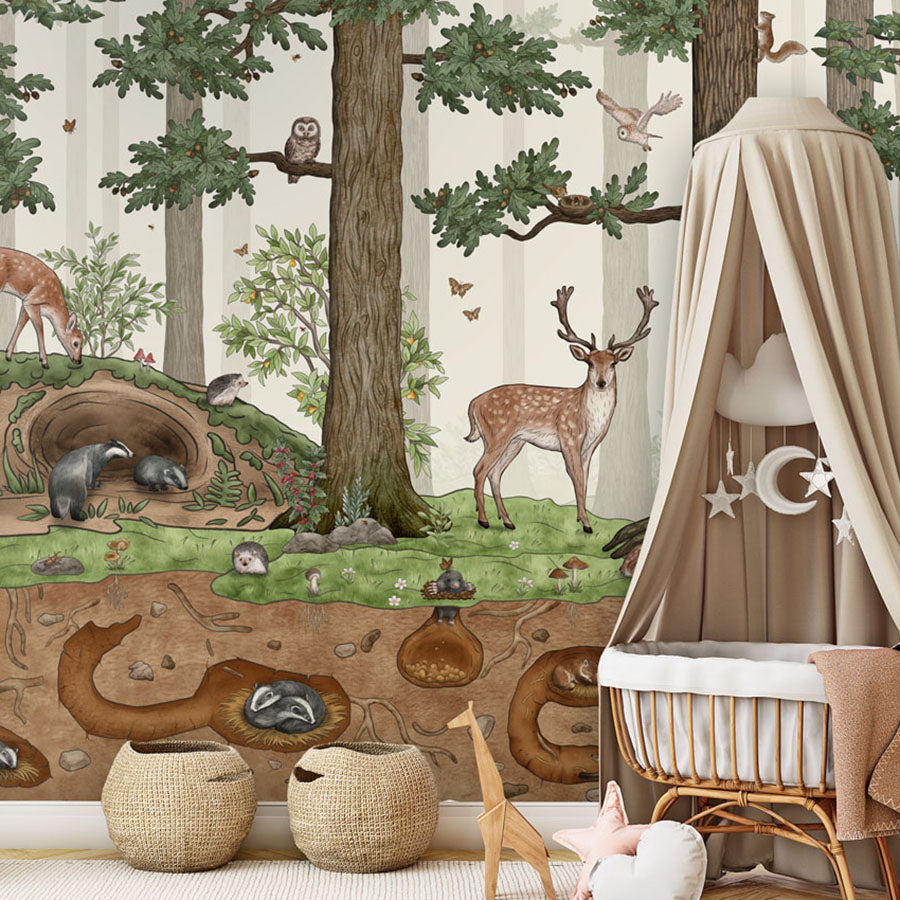 Animals in the Forest wallpaper mural in a nursery cot canopy