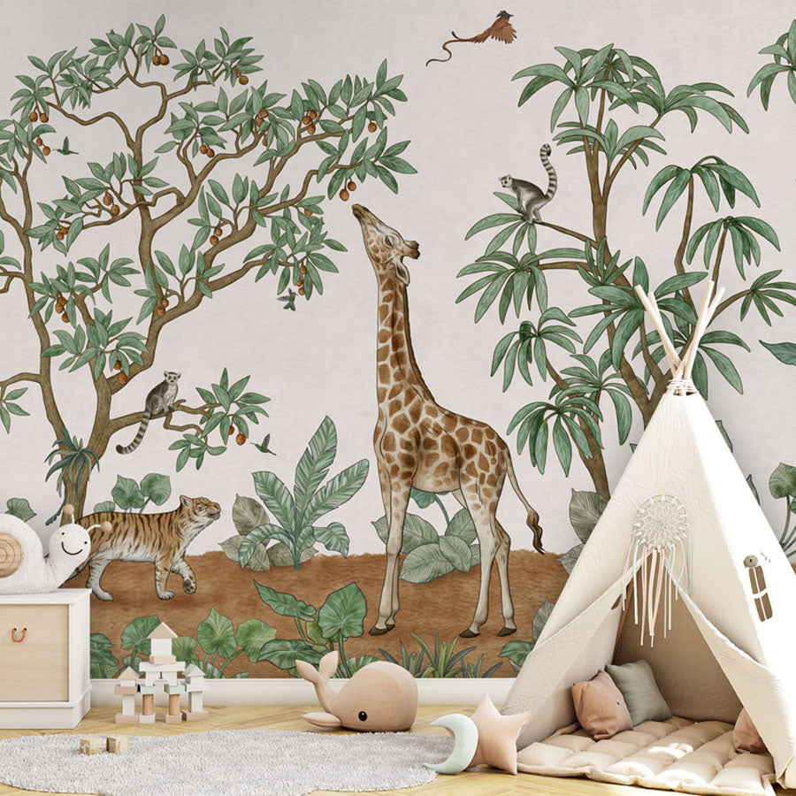 Animals in the Jungle wallpaper mural in a children’s playroom tipi