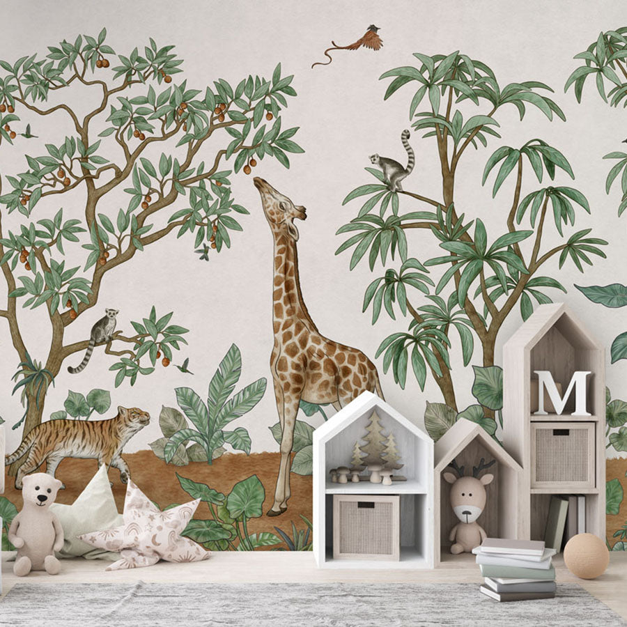 Animals in the Jungle wallpaper mural in a children’s playroom