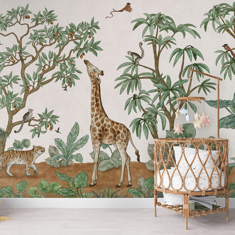 Animals in the Jungle wallpaper mural in a nursery rattan cot