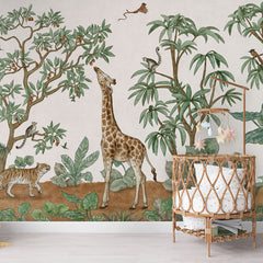 Animals in the Jungle wallpaper mural in a nursery rattan cot