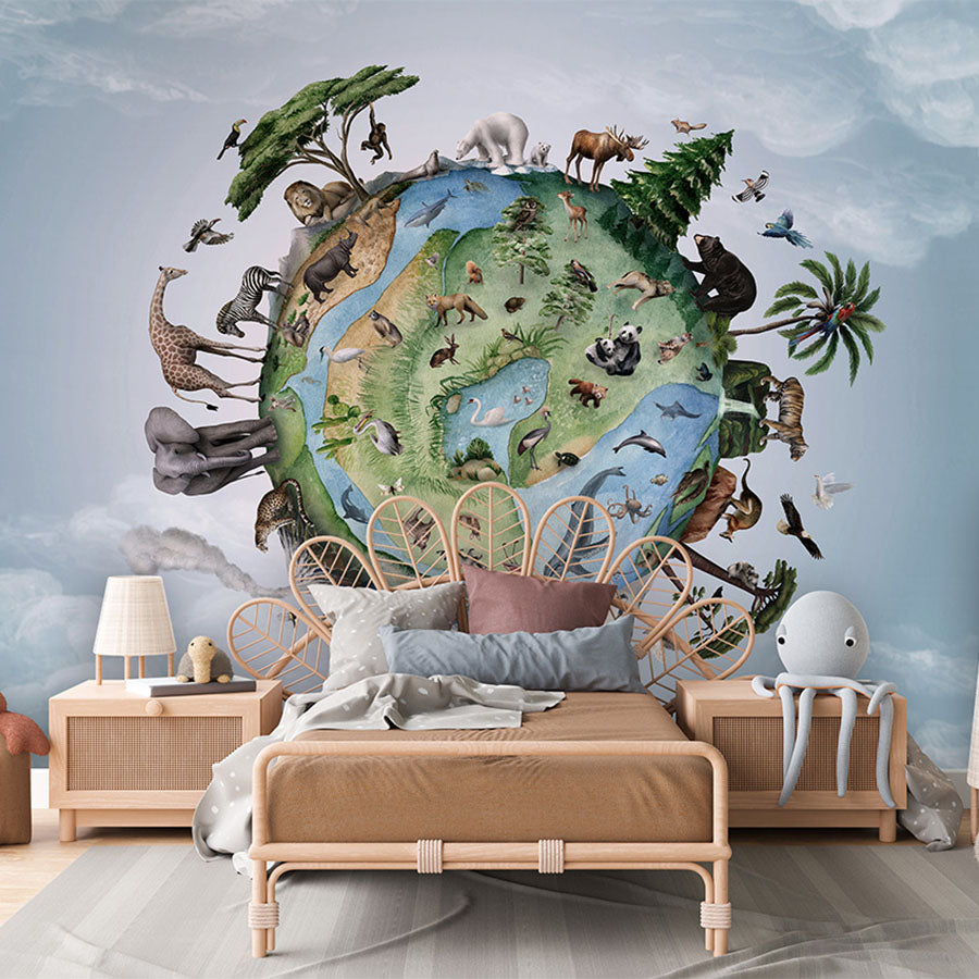 Animals of Earth wallpaper mural in a children’s bedroom rattan bed