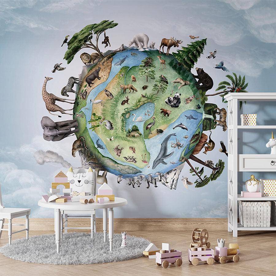Animals of Earth wallpaper mural in a children’s playroom table