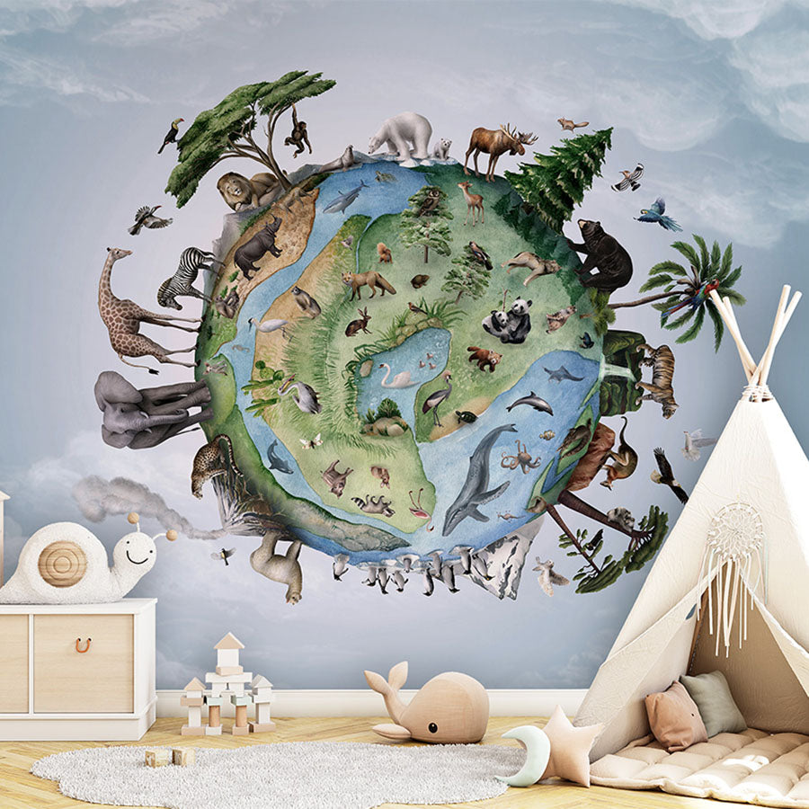 Animals of Earth wallpaper mural in a children’s playroom tipi