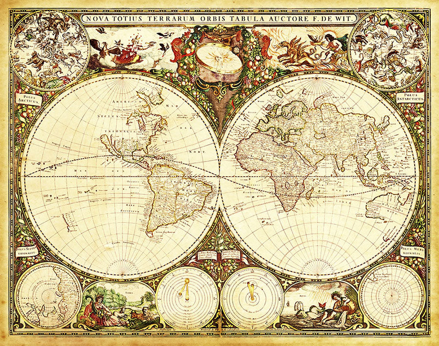 Detailed antique world map wallpaper design with intricate cartographic details and illustrations.