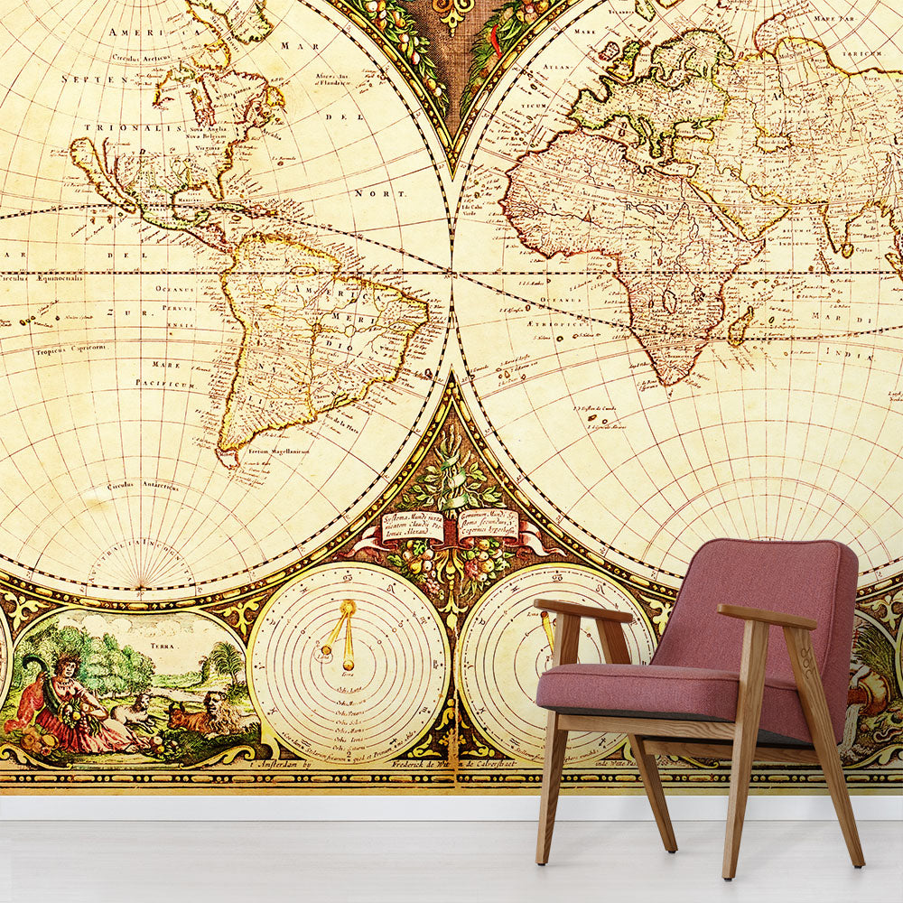 Antique world map wallpaper from Wallpapered.com covering the wall behind a red upholstered chair. The map design features intricate cartographic details and illustrations.