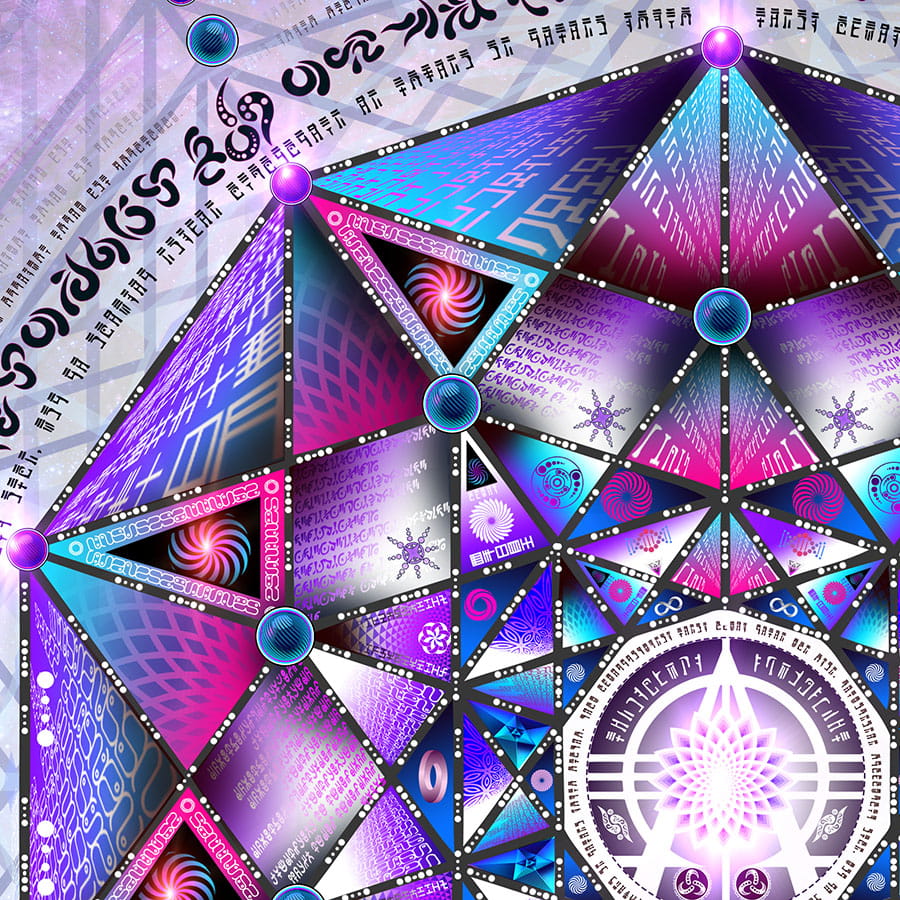 Close-up of Arcturian Template mural with purple and blue geometric detail