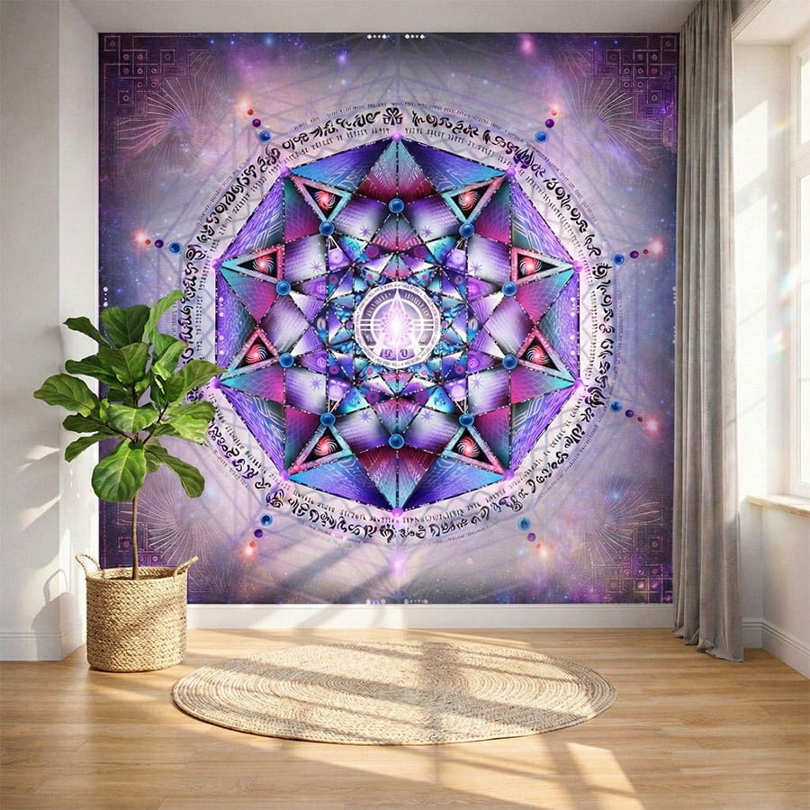 Arcturian Template sacred geometry mandala wallpaper mural in a living room
