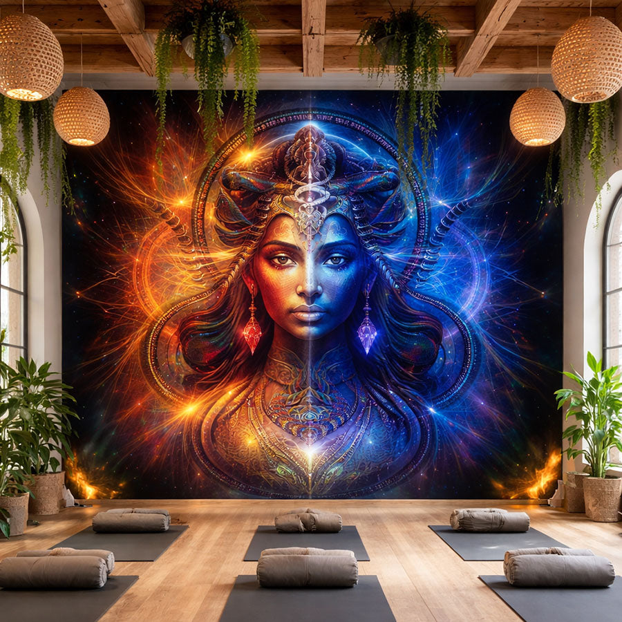 Ardhanarishvara Union wallpaper mural in a contemporary yoga studio