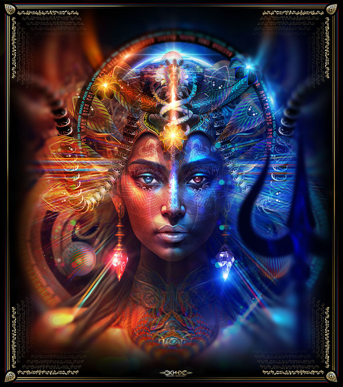 Ardhanarishvara Union orange and blue Shiva Parvati wallpaper mural