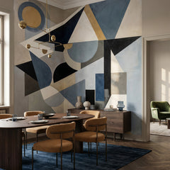 Avant Construct wallpaper mural shown in dining room with table and brown chairs