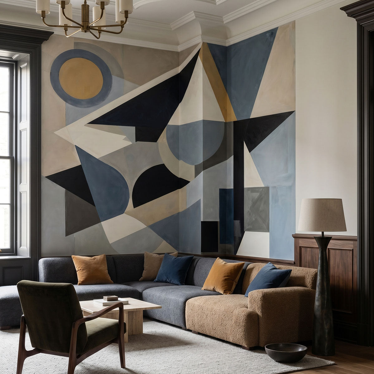 Avant Construct wallpaper mural shown in living room with beige sofa and wood chair