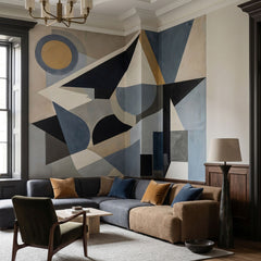 Avant Construct wallpaper mural shown in living room with beige sofa and wood chair