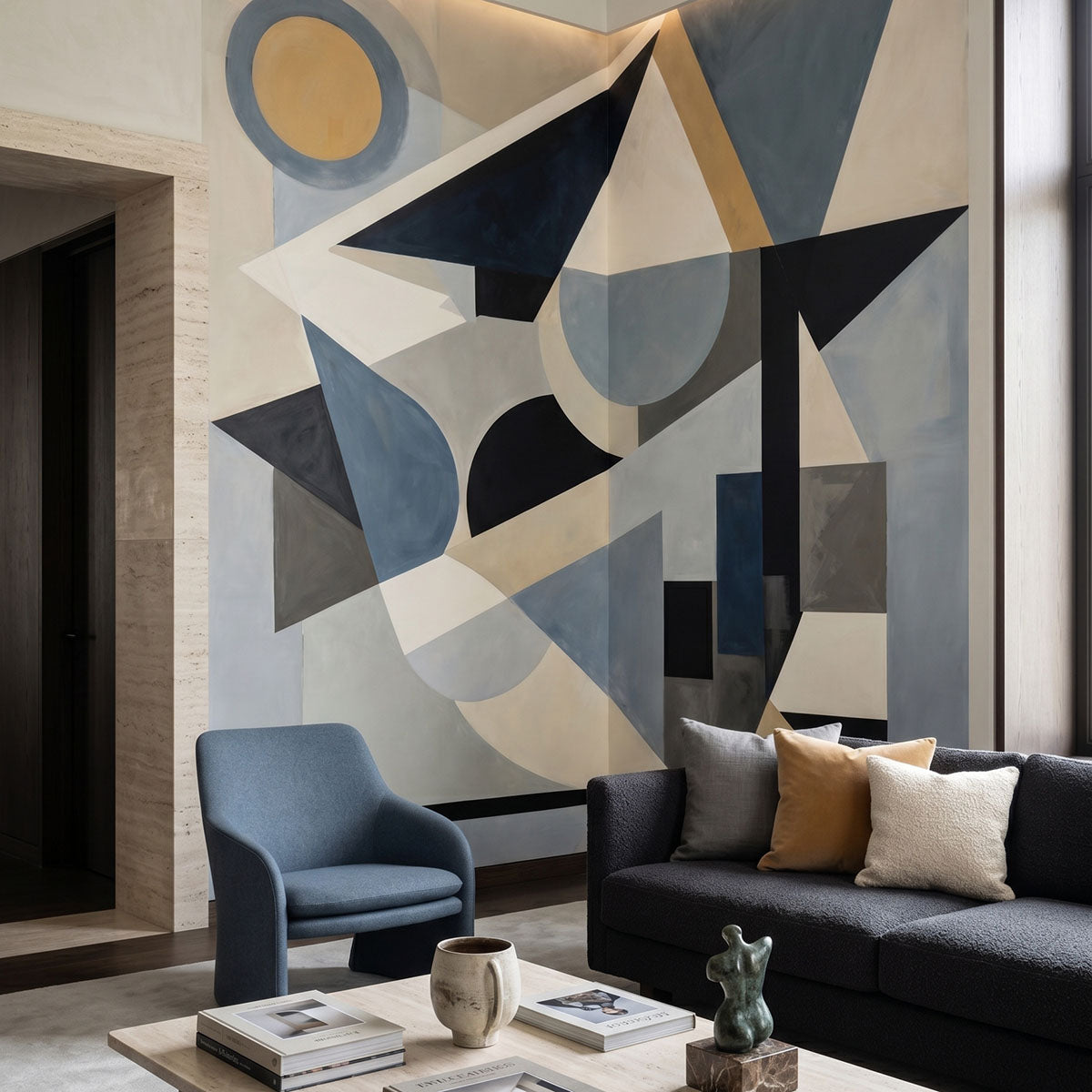 Avant Construct wallpaper mural shown in living room with black sofa and blue chair