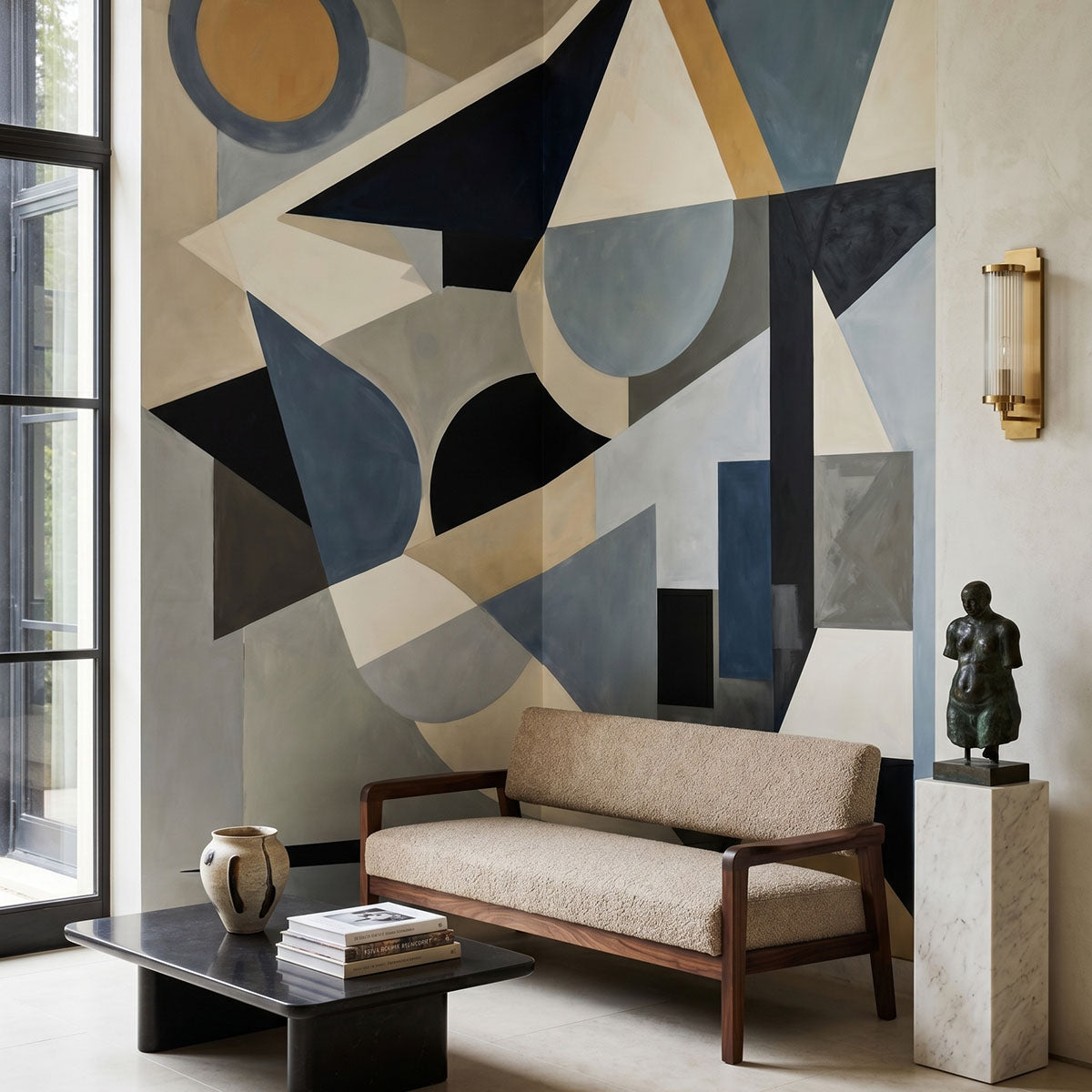Avant Construct wallpaper mural shown in reading corner with bench