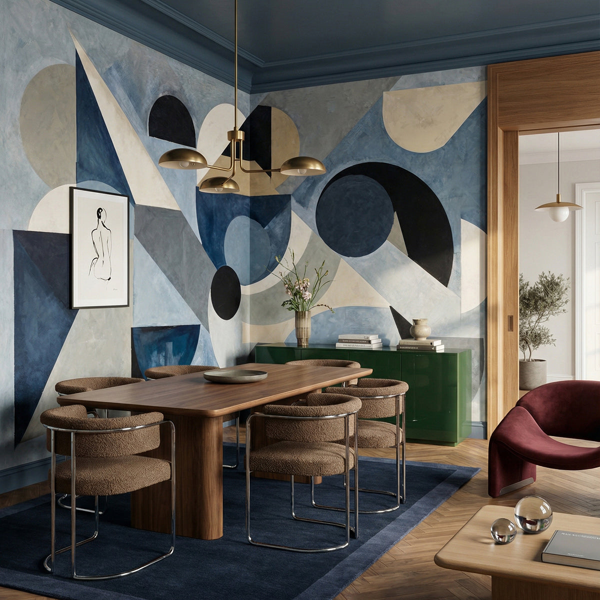 Avant Pulse wallpaper mural shown in dining room with round table and green sideboard