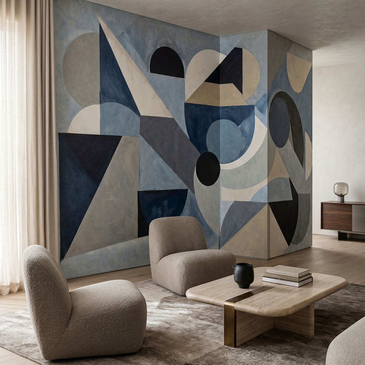 Avant Pulse wallpaper mural shown in living room with boucle armchairs