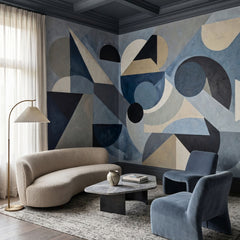 Avant Pulse wallpaper mural shown in living room with curved sofa and blue armchair
