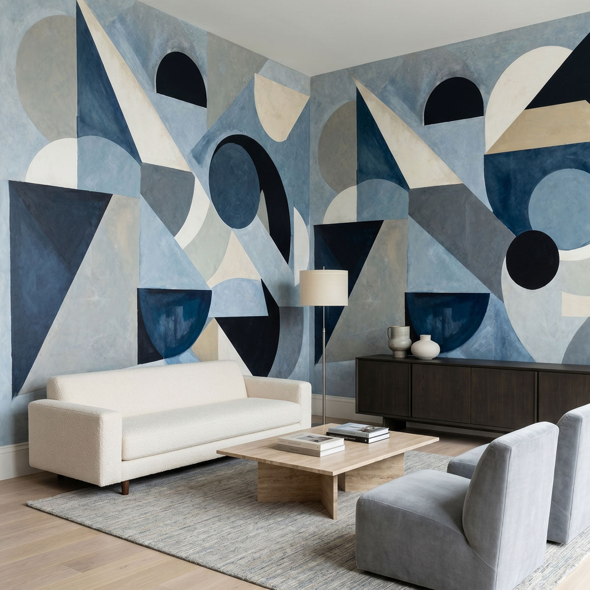 Avant Pulse wallpaper mural shown in living room with white sofa and grey armchair
