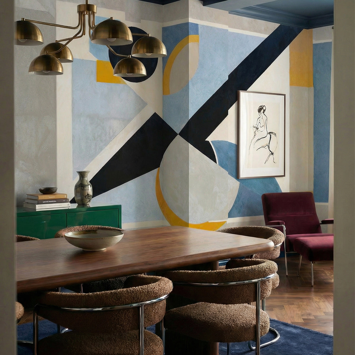 Avant Signal wallpaper mural shown in dining room with table and boucle chairs