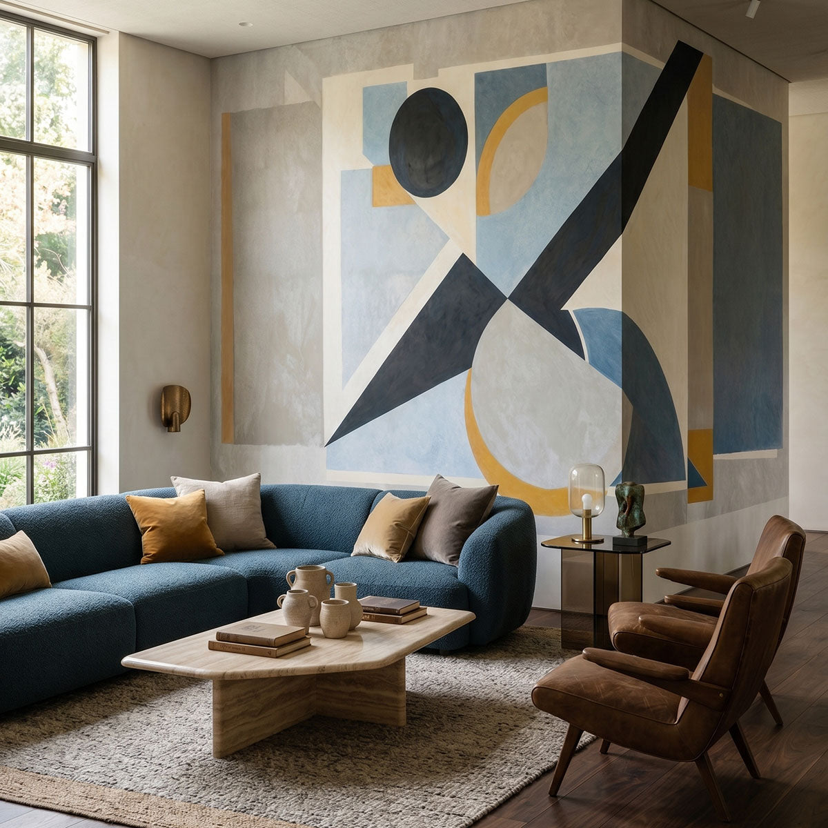 Avant Signal wallpaper mural shown in living room with blue sectional and brown armchair