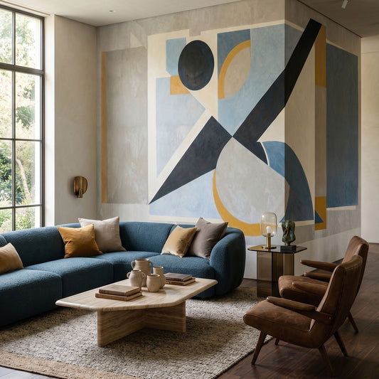Avant Signal wallpaper mural shown in living room with blue sectional and brown armchair